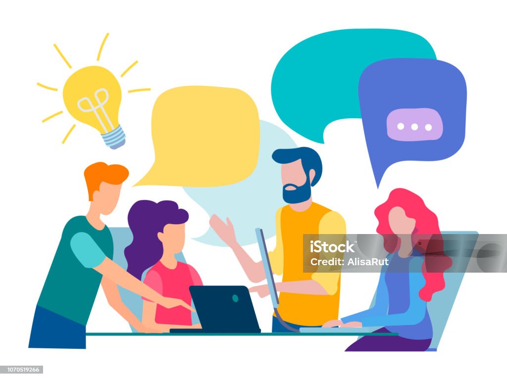 Discussion and communication in the office Discussion and communication in the office, teamwork, brainstorming. Vector illustration. Teamwork stock vector