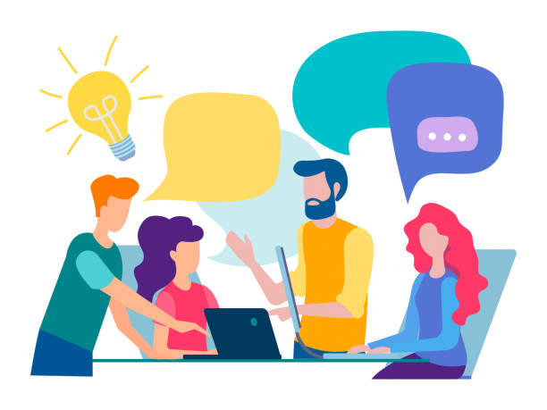 Discussion and communication in the office Discussion and communication in the office, teamwork, brainstorming. Vector illustration. styles stock illustrations