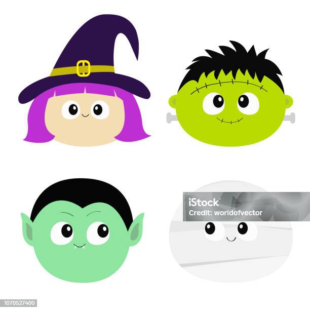Vampire Count Dracula Mummy Whitch Hat Zombie Round Face Head Icon Set  Happy Halloween Cute Cartoon