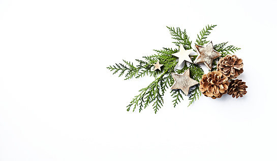 An arrangement of evergreen twigs, cones and Christmas decorations. Flatlay. Copy space. White background