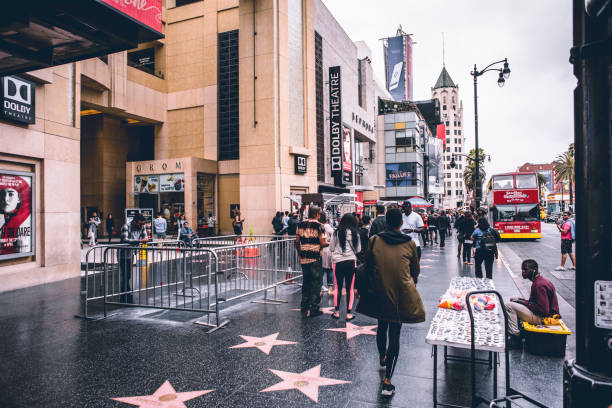 People on the Walk of Fame on the front of Dolby Theatre in Los Angeles (Hollywood), California.