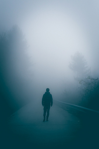 Man walking in foggy forest road