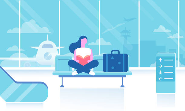 illustrations, cliparts, dessins animés et icônes de jeune fille assise et lecture du livre dans le terminal de l’aéroport. - femme voyage avion