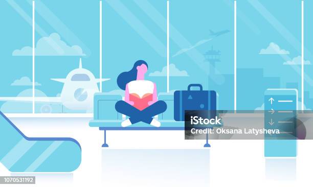 Girl Sitting And Reading Book In Airport Terminal Stock Illustration - Download Image Now - Airport, Travel, Women