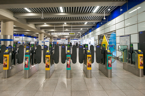 London, England - Nov 4, 2018: Automatic turnstile at Tottenham underground train station.