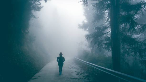 młoda kobieta idąca po mglistej drodze samotna - forest transylvania rain fog zdjęcia i obrazy z banku zdjęć