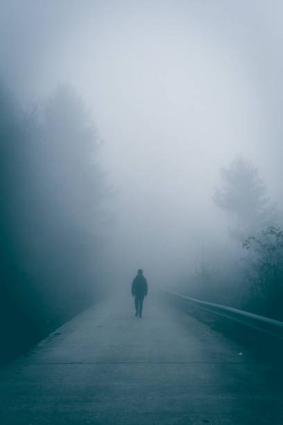istock Man walking in foggy forest road 1070534600