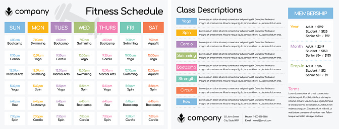 Daily and Weekly Schedule for Classes at a Fitness Club Gym / Setup for a Double-Sided Letter Size Paper at 8.5 x 11`