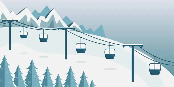 Vector illustration of A ski resort with a funicular with cabins. Flat style. Mountain landscape.