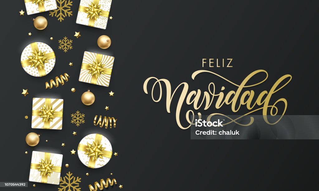 Feliz Navidad Spansih Merry Christmas golden greeting card on premium black background. Vector Christmas calligraphy lettering, gifts, snowflakes and gold glitter stars Feliz Navidad - Short Phrase stock vector