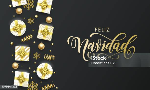 Feliz Navidad Spansih Merry Christmas Golden Greeting Card On Premium Black Background Vector Christmas Calligraphy Lettering Gifts Snowflakes And Gold Glitter Stars Stock Illustration - Download Image Now