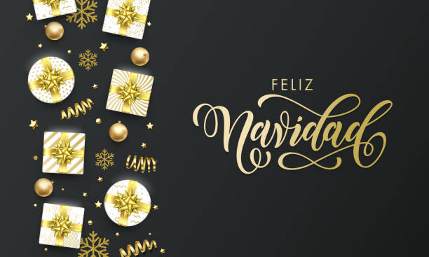 費里茲·納維達德·斯帕西赫聖誕快樂, 金色賀卡上的優質黑色背景。向量耶誕節書法文字, 禮物, 雪花和金光星 - navidad 幅插畫檔、美工圖案、卡通及圖標