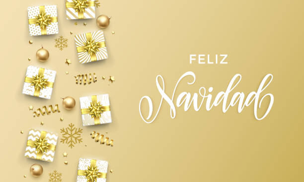istock Feliz Navidad Merry Christmas golden greeting card on premium background. Vector Christmas Spanish Navidad calligraphy lettering, gifts and gold glitter stars or snowflakes 1070544574