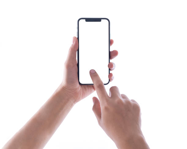 istock hand holding phone mobile and touching screen isolated on white background 1070553286