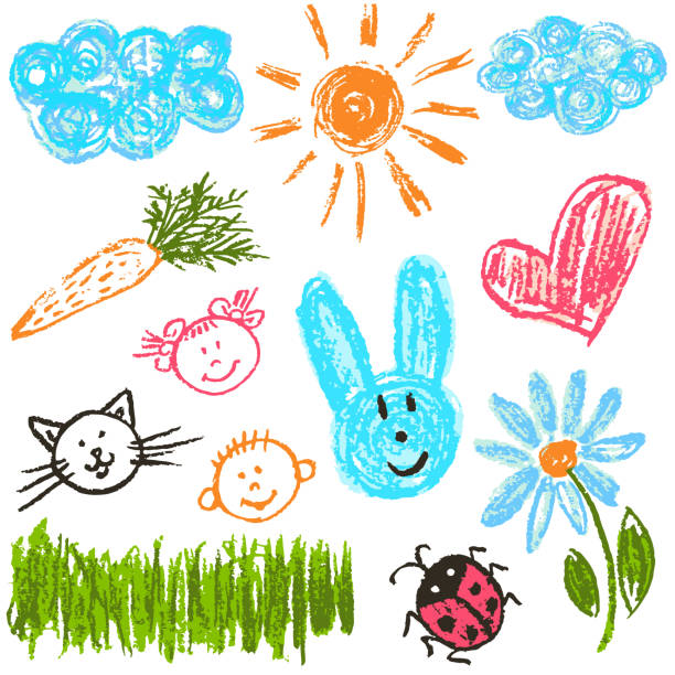 Child drawing. Design elements of packaging, postcards, wraps, covers Children's drawing with colored wax crayons. Clouds, sun, hare, carrot, girl, boy cat flower heart grass ladybug chalk drawing stock illustrations