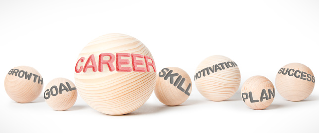 Wooden balls with CAREER concept related words imprinted on wooden surface