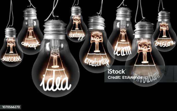 Light Bulbs Concept Stock Photo - Download Image Now - Innovation, Goal - Sports Equipment, Black Color