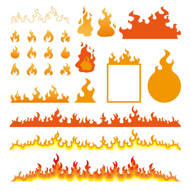 illustrazioni stock, clip art, cartoni animati e icone di tendenza di icone fiamme incendi impostate isolate su illustrazione vettoriale bianca - fireball