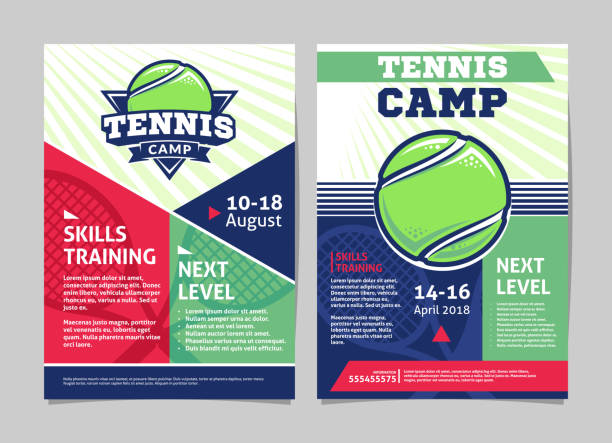 tennis camp poster, flyer mit tennisball - vorlage-vektor-design - trainingslager stock-grafiken, -clipart, -cartoons und -symbole