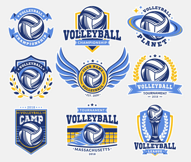 ilustraciones, imágenes clip art, dibujos animados e iconos de stock de emblema de voleibol establece colecciones, diseños de plantillas sobre un fondo claro - pelota de vóleibol