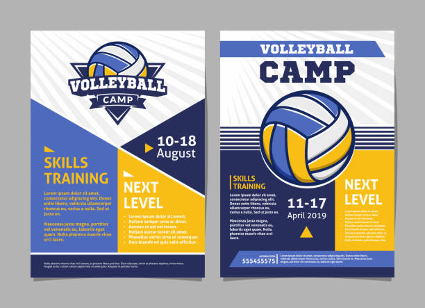 плакаты волейбольного лагеря, флаер с волейбольным мячом - шаблон векторный дизайн - волейбольный мяч иллюстрации stock illustrations