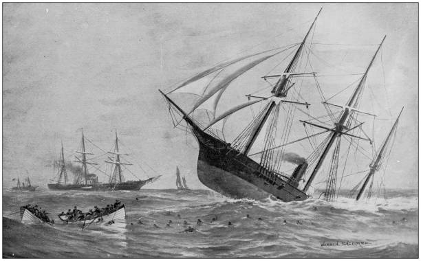 Antique painting illustration: Sinking of "Alabama" Antique painting illustration: Sinking of "Alabama" sinking ship pictures pictures stock illustrations
