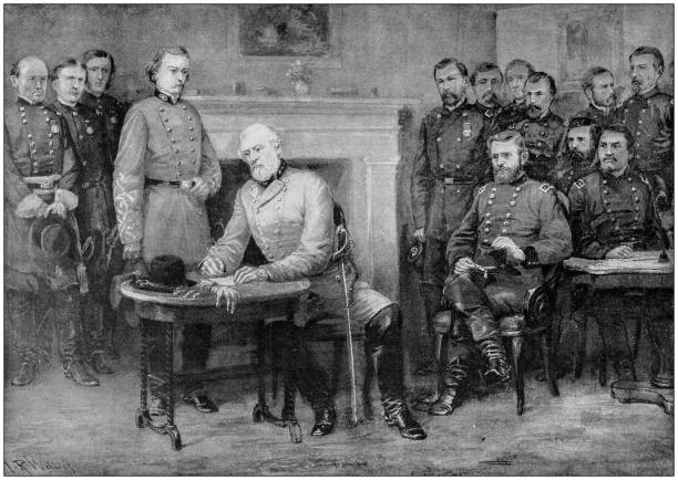 Antique painting illustration: Surrender of General Lee to General Grant in Appomattox Courthouse Antique painting illustration: Surrender of General Lee to General Grant in Appomattox Courthouse the general lee stock illustrations