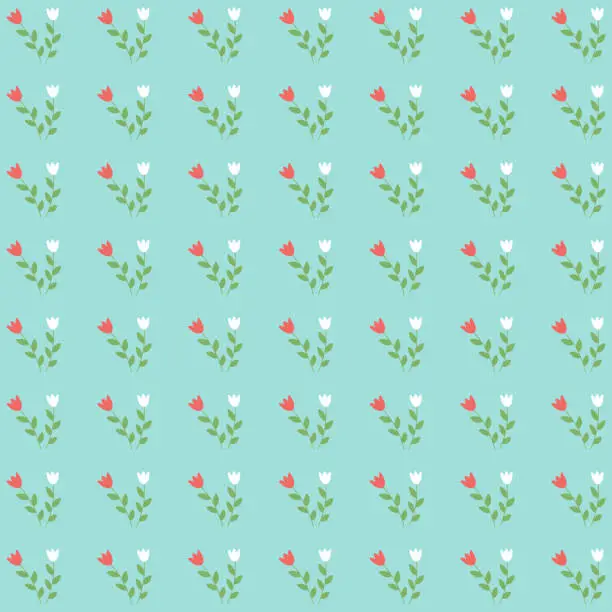 Vector illustration of Cute botanic pattern with red and white flower and leaf on pastel blue background in minimal and abstract style look so sweet for wallpaper and all design. Vector concept about environment and plant.