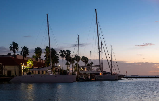 coucher de soleil à un port de plaisance à aruba - sailing sailboat sunset aruba photos et images de collection