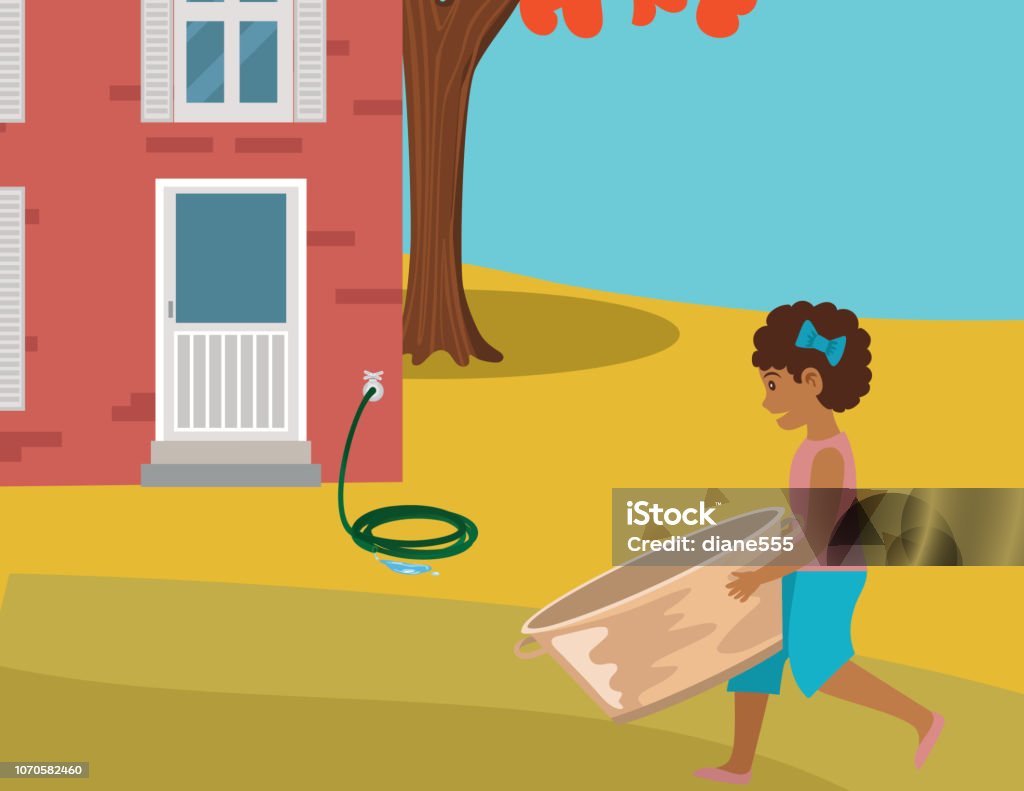 Girl Carrying A Bath Tub In Her Yard Little girl carrying a washing tub in her yard. Art stock vector