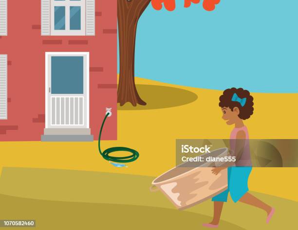 Girl Carrying A Bath Tub In Her Yard Stock Illustration - Download Image Now - Art, Autumn, Bathtub