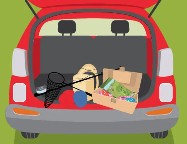 Vector illustration of Fishing Tackle In The Back of An SUV