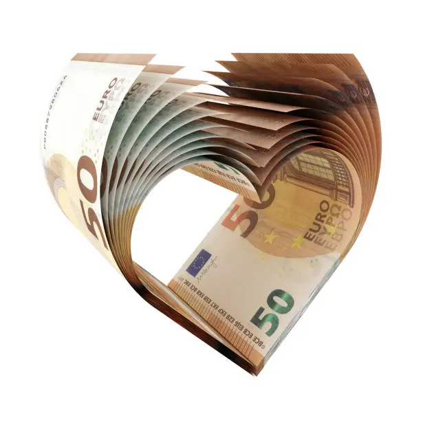 50 Euro Notes as a shape of heart - 3d illustration