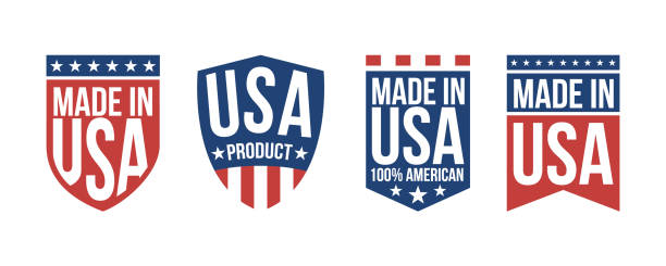 illustrazioni stock, clip art, cartoni animati e icone di tendenza di set di 4 etichette made in usa, adesivi. segnali patriottici usa. modello banner americani. illustrazione vettoriale. - made in the usa sign retro revival label