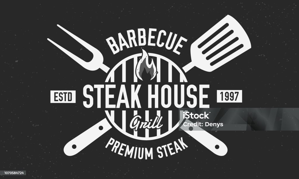 Steak House logo. BBQ logo with barbecue grill, spatula and grill fork isolated on black background. Vector emblem template. Vector illustration Barbecue Grill stock vector