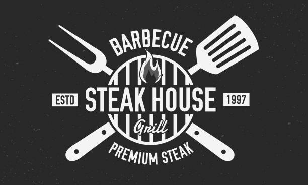 Steak House logo. BBQ logo with barbecue grill, spatula and grill fork isolated on black background. Vector emblem template. Vector illustration bbq logos stock illustrations