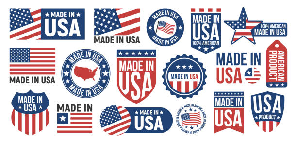 illustrazioni stock, clip art, cartoni animati e icone di tendenza di ampio set di etichette, insegne made in usa. segnali patriottici usa. modelli di banner americani. illustrazione vettoriale. - made in the usa sign retro revival label