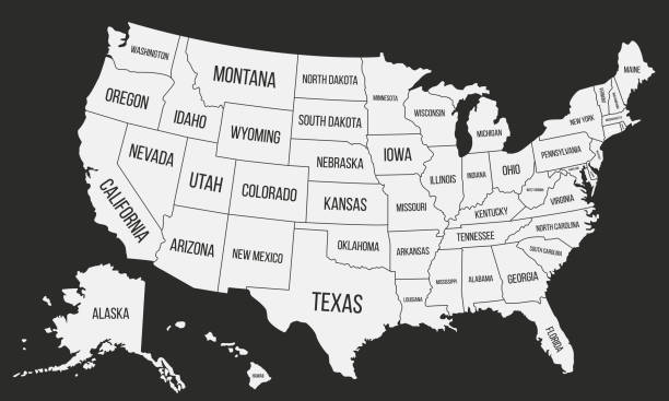 ilustraciones, imágenes clip art, dibujos animados e iconos de stock de mapa de estados unidos de américa. mapa de cartel de estados unidos con los nombres de estado. fondo americano. ilustración de vector - kansas map design state