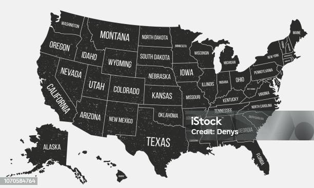 状態名とアメリカ ポスター マップグランジ テクスチャを持つアメリカ合衆国の地図アメリカの背景ビンテージ スタイルですベクトル図 - アメリカ合衆国のベクターアート素材や画像を多数ご用意