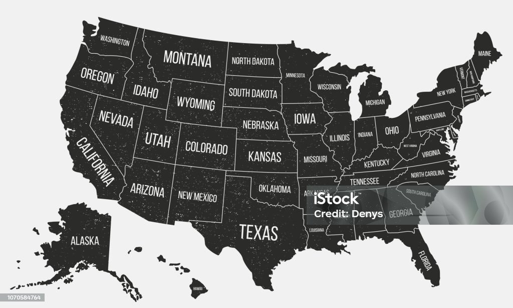 Mapa dos EUA de cartaz com nomes de estado. Mapa da Estados Unidos da América com textura grunge. Fundo americano. Estilo vintage. Ilustração vetorial - Vetor de EUA royalty-free