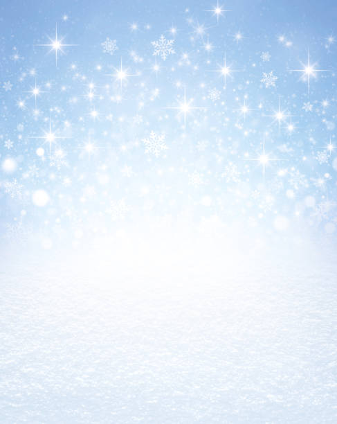 Snowflakes and stars on a winter snow covered ground Snowflakes shapes and bright stars exploding on an icy blue background and white snow covered ground. Festive seasonal material. greeting card white decoration glitter stock illustrations