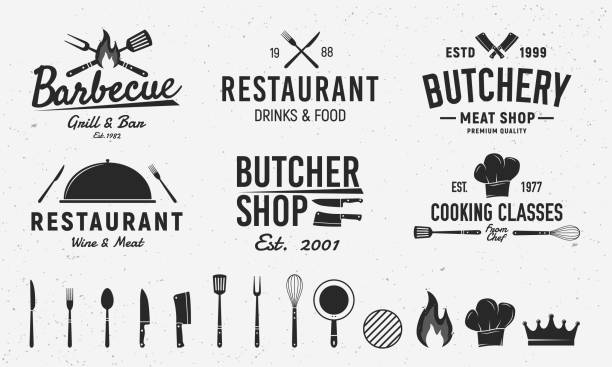 6 шаблонов эмблемы vintage и 14 элементов дизайна для ресторанного бизнеса. мясники, барбекю, шаблоны эмблем ресторана. иллюстрация вектора - кухонный нож stock illustrations