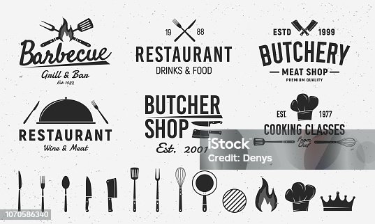 istock 6 Vintage emblem templates and 14 design elements for restaurant business. Butchery, Barbecue, Restaurant emblems templates. Vector illustration 1070586340