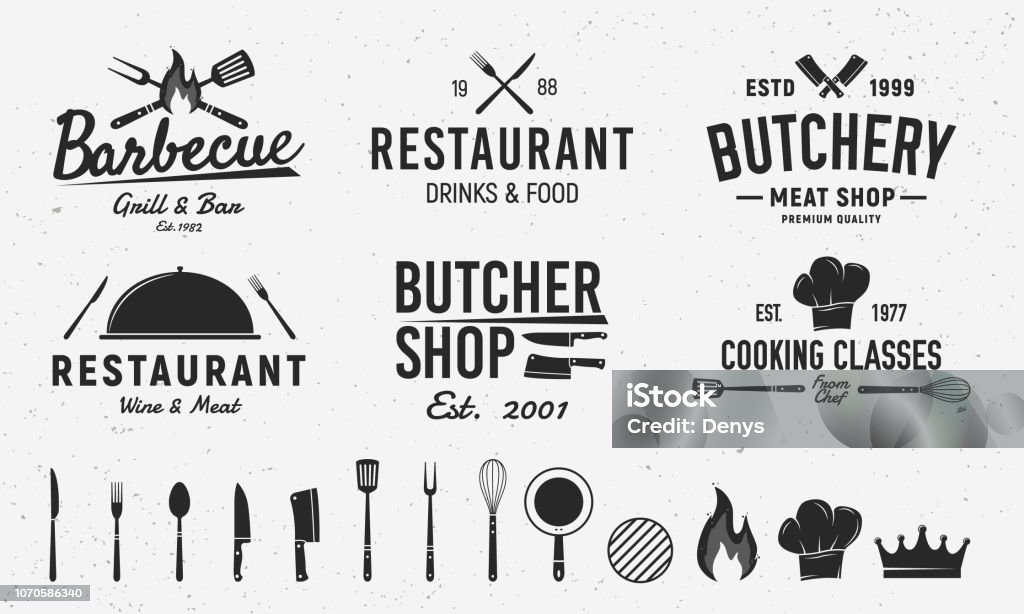 6 Vintage emblem templates and 14 design elements for restaurant business. Butchery, Barbecue, Restaurant emblems templates. Vector illustration Vector illustration Logo stock vector