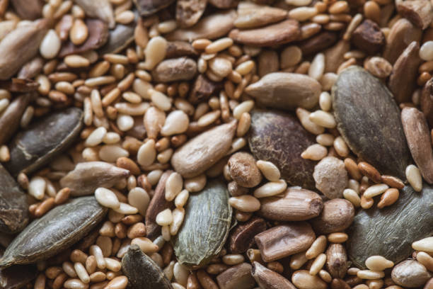 Pumpkin seed roasted together with sunflower and sesame seed. Extreme close up