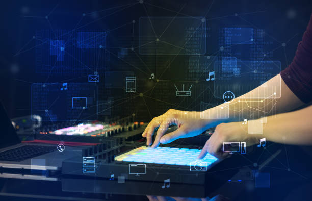 istock Hand mixing music on midi controller with play music and multimedia concept 1070591246
