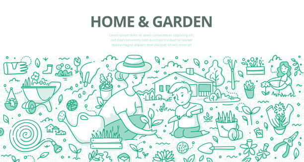 illustrazioni stock, clip art, cartoni animati e icone di tendenza di home & garden doodle concept - vegetable child growth people