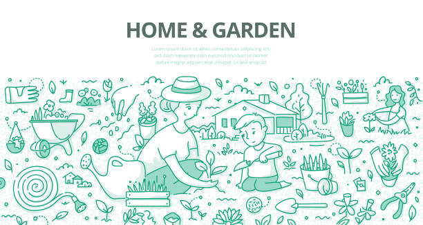Home & Garden Doodle Concept Mother and her little son planting flowers and herds in the garden near the home. Doodle concept of gardening for web banner, hero images and printing materials kids gardening stock illustrations
