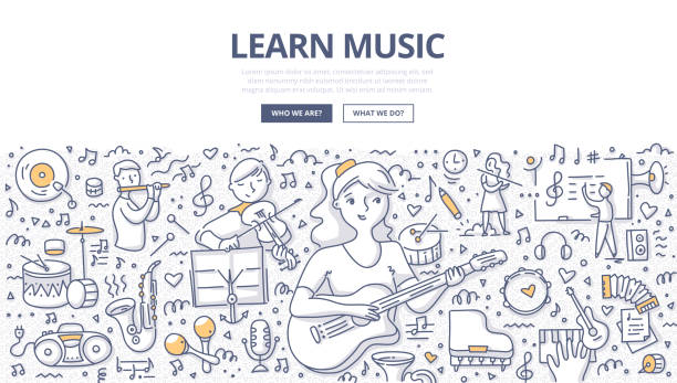 Learn Music Doodle Concept Teenager girl learn music by playing guitar. Children with various musical instruments on music lesson. Doodle concept of learning music for web banner, hero images and printing materials music class stock illustrations