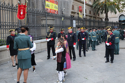 Zaragoza, Spain - October 12, 2018: A gathering of the Spanish Civil Guard (Guardia Civil) in official parade uniform, with the traditional Tricorne, during the Pilar Festival